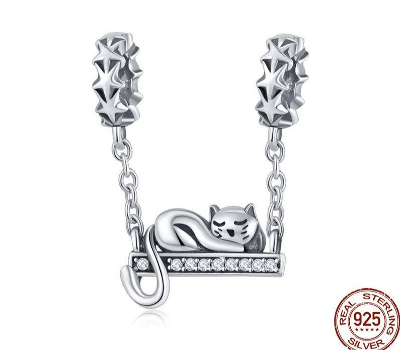Cat Star Charms | Sleeping Cat Charm |925 Sterling Silver Bead